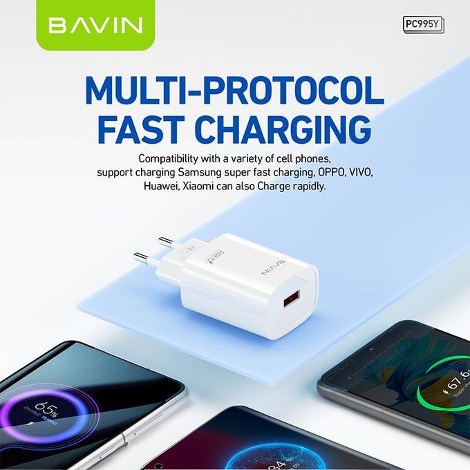 BAVIN PC995Y شاحن موبايل حائط سريع 22.5 واط مع كابل تايب C، USB، شحن فائق السرعة، حماية ذكية، أبيض