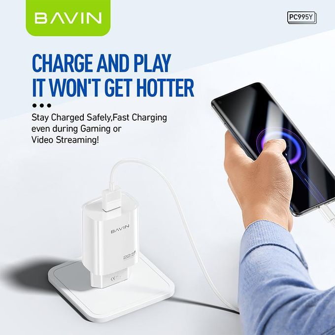 BAVIN PC995Y شاحن موبايل حائط سريع 22.5 واط مع كابل تايب C، USB، شحن فائق السرعة، حماية ذكية، أبيض