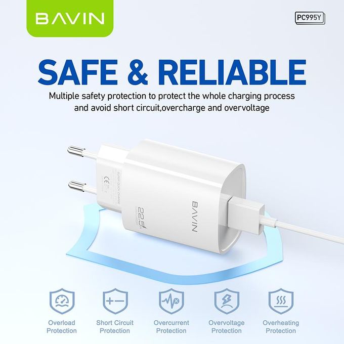 BAVIN PC995Y شاحن موبايل حائط سريع 22.5 واط مع كابل تايب C، USB، شحن فائق السرعة، حماية ذكية، أبيض
