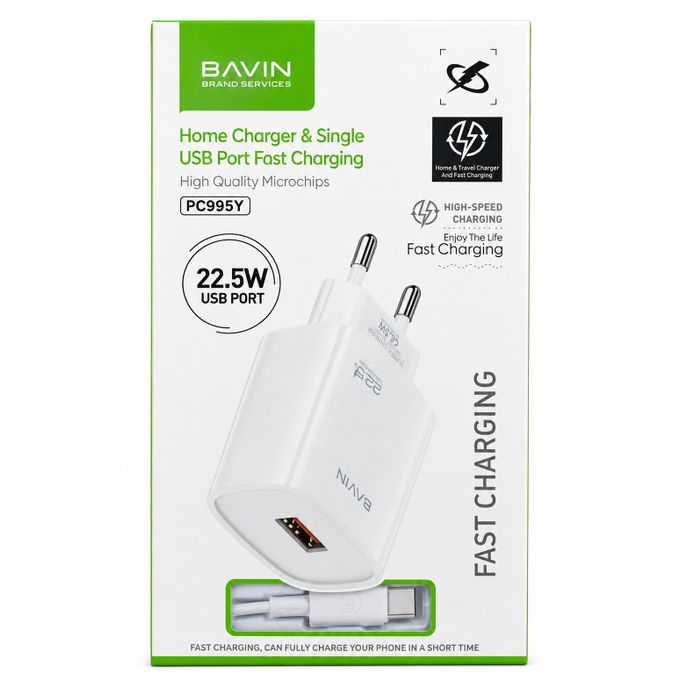 BAVIN PC995Y شاحن موبايل حائط سريع 22.5 واط مع كابل تايب C، USB، شحن فائق السرعة، حماية ذكية، أبيض