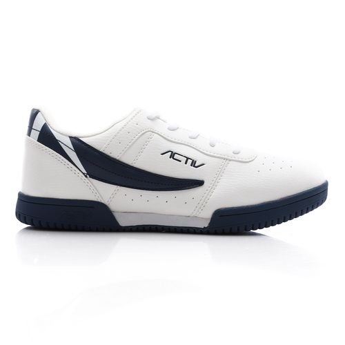 Leather Lace Up Comfy Sneakers - White & Navy Blue