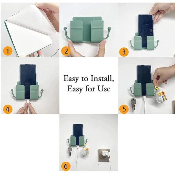 Wall Mounted Phone Holder Remote Control Organizer حامل هاتف جداري منظم ريموت كنترول حامل شحن ذاتي اللصق وخطاف
